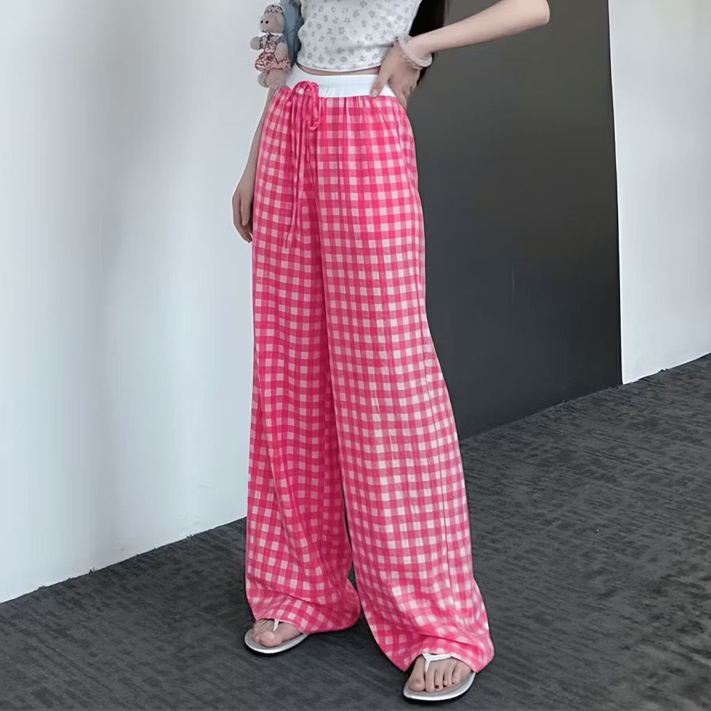 Celana Panjang Wanita Motif Kotak Kotak Gingham Kulot Korean Style