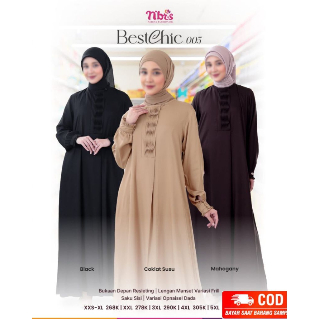 GAMIS NIBRAS BESTCHIC 005 BLACK ,COKLAT SUSU ,MAHOGANY/Gamis Nibras Terbaru 2025/Original