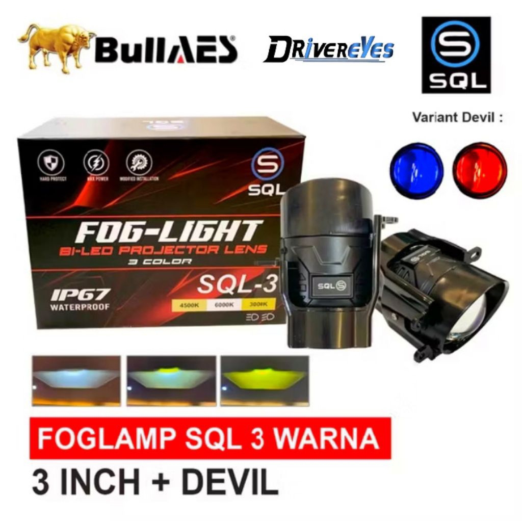 Foglamp Biled 3 Inch SQL Bluelens 3 Warna With Devil Eye Waterproof Bracket Komplit