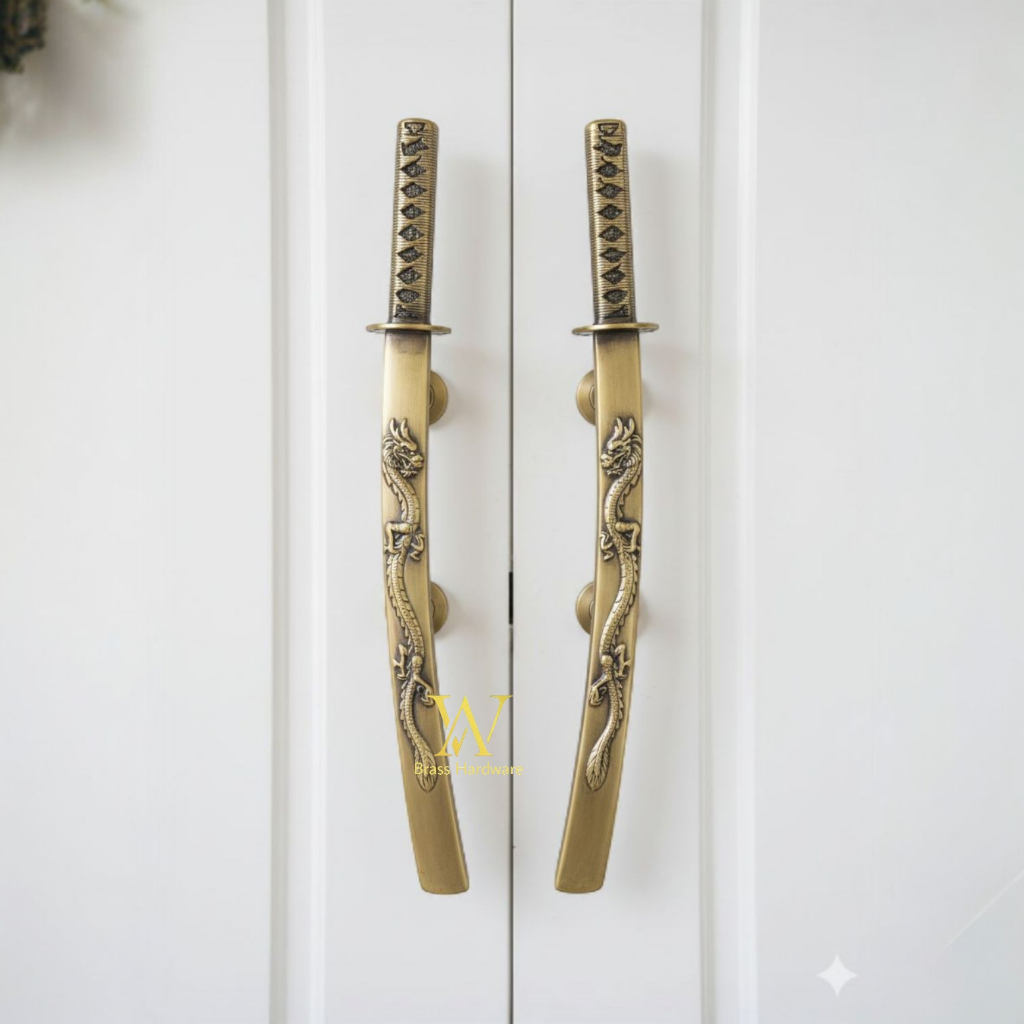 Handle Pintu Rumah Kuningan Antik Motif Samurai Ukir Naga 50 cm 2 Pcs