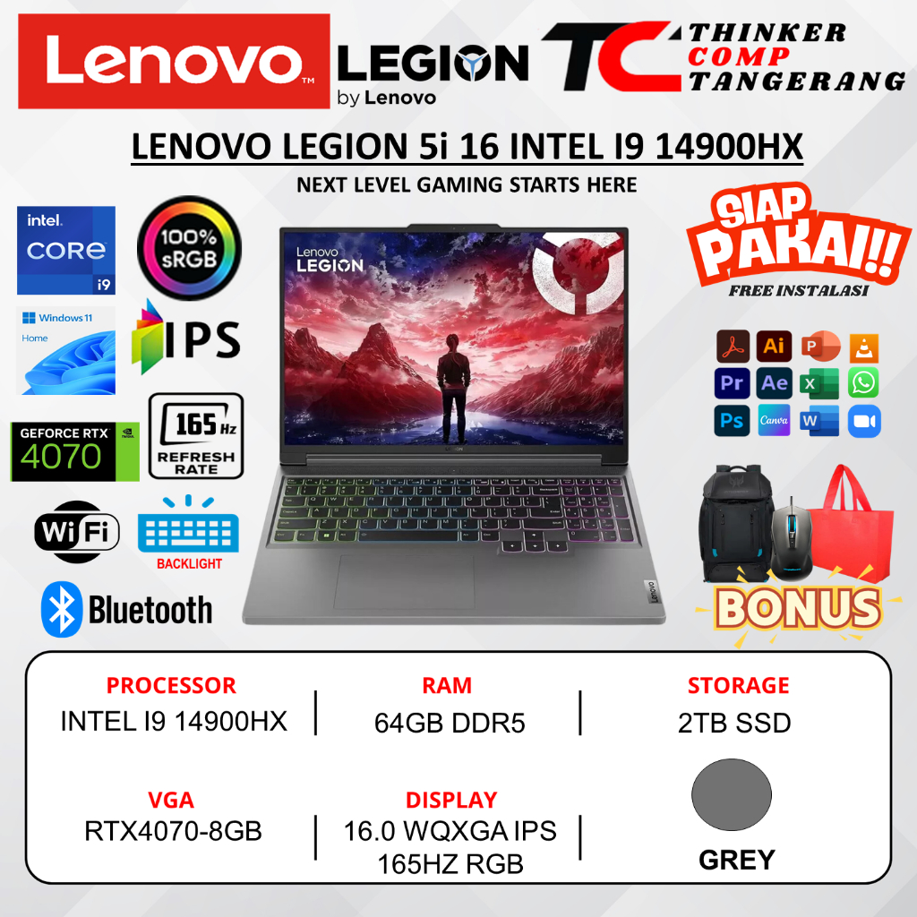 Lenovo Legion 5i 16 INTEL I9 14900HX 64GB DDR5 2TB RTX4070-8GB 16.0 WQXGA IPS 165HZ RGB Win11Home