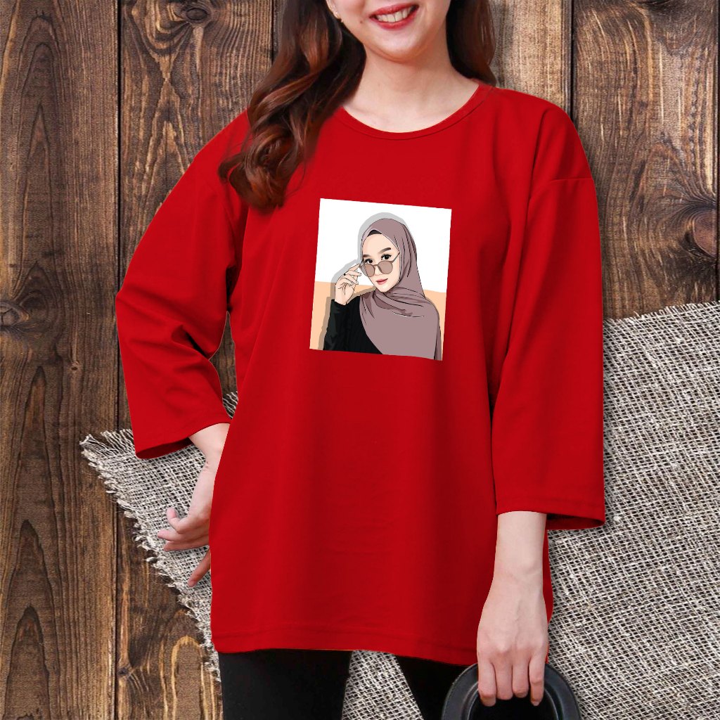 Kaos Atasan Oblong Wanita Jumbo Print Hijab Kacamata Bahan Voxy Ukuran Xxxl Oversize