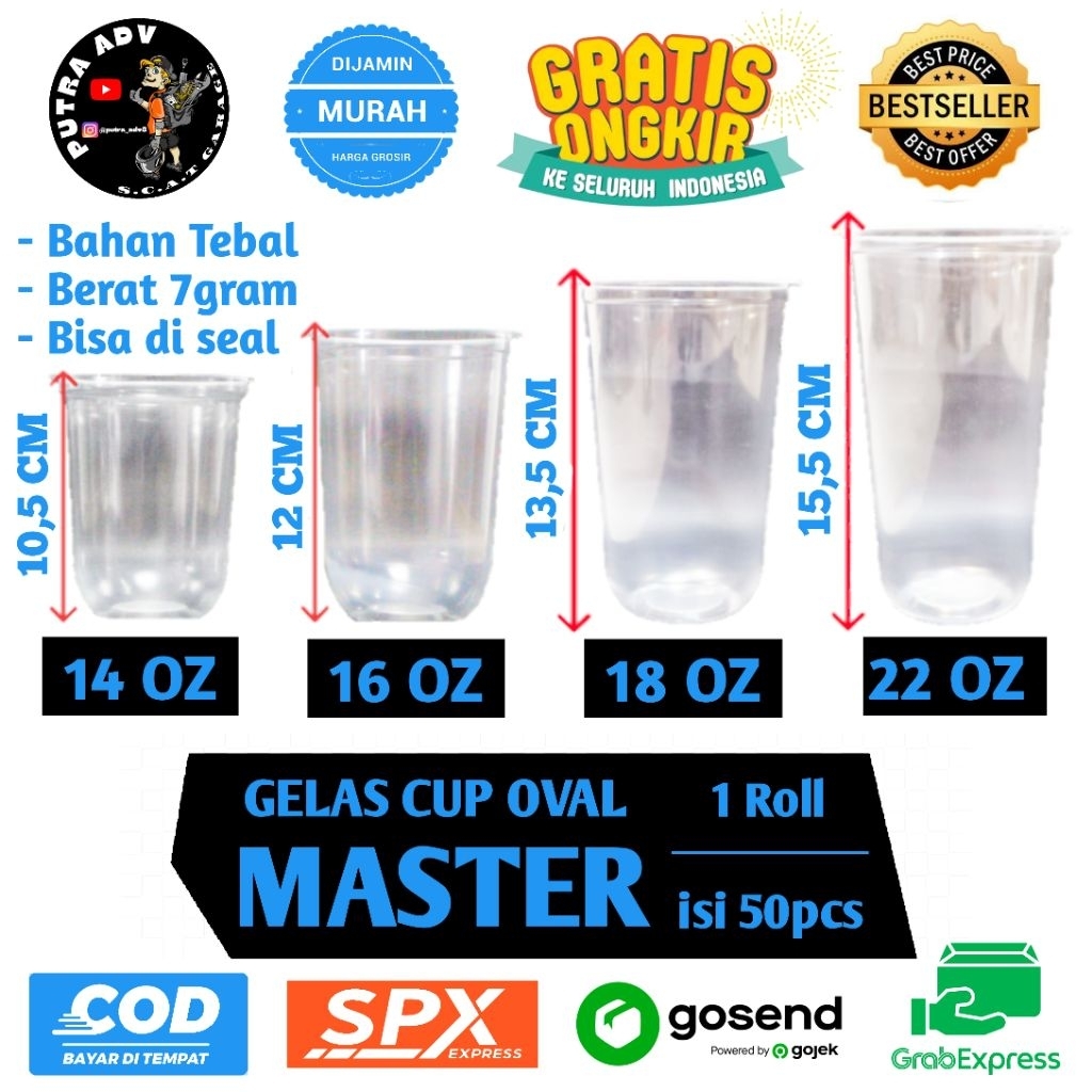 GELAS CUP OVAL | GELAS PLASTIK OVAL MERK MASTER TERSEDIA CUP 22OZ 18OZ 16OZ 14OZ OVAL - 1 ROLL ISI 5