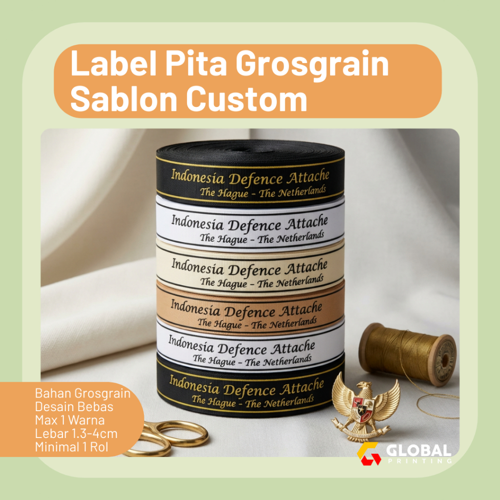 Pita Grosgrain Custom Pita Sablon Label Baju Hijab Kado Souvenir Pouch Kemasan Label Merk Brand