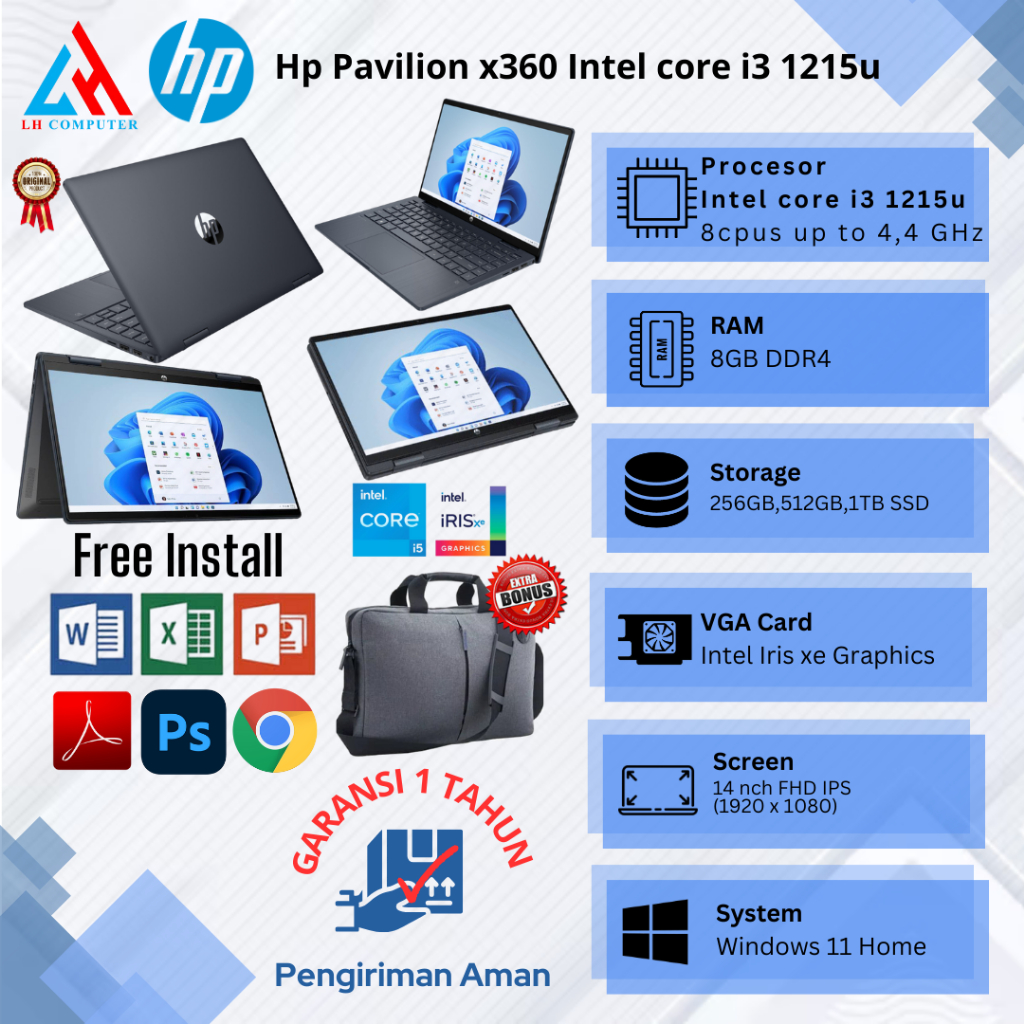 Laptop Baru  Hp Pavilion x360 14 inci Intel Core i3 1215u (Gen12) bisa di lipat touchscreen SSD