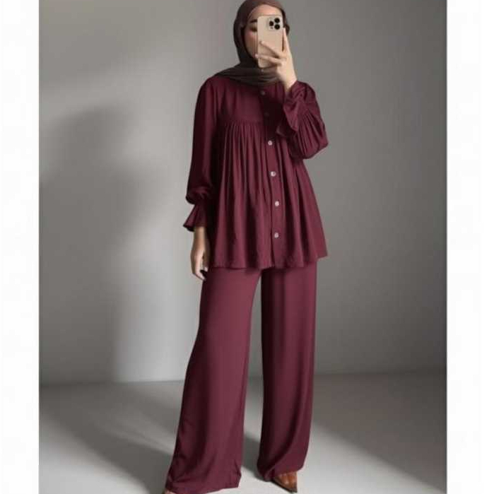 One Set Jena Rayon Twill Setelan Wanita Bahan Rayon Twill Polos Jumbo Lengan Balon Busui Kancing