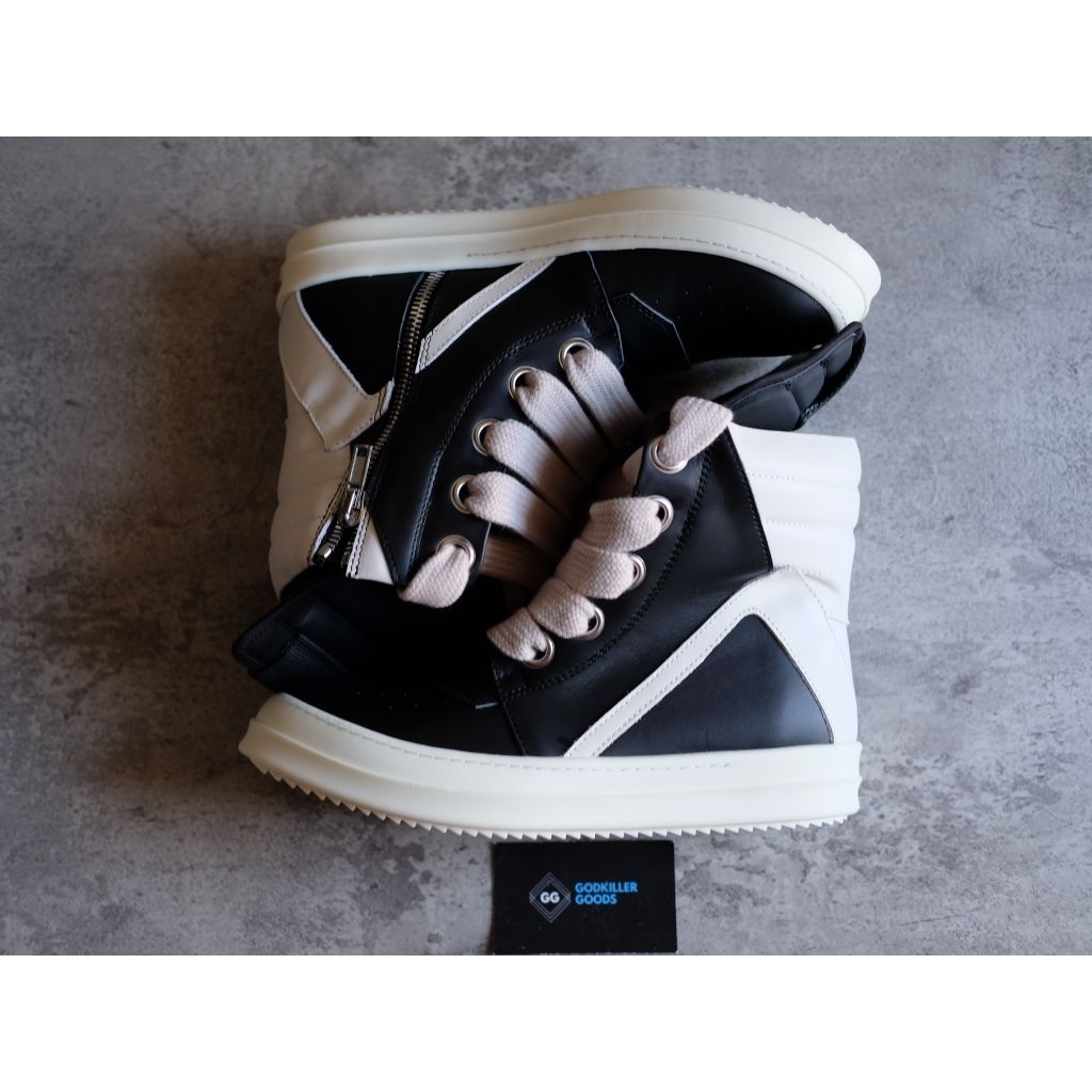 Rick Owens RO Geobasket High Top Sneaker Jumbo Lace Black White Ramones Authentic GK