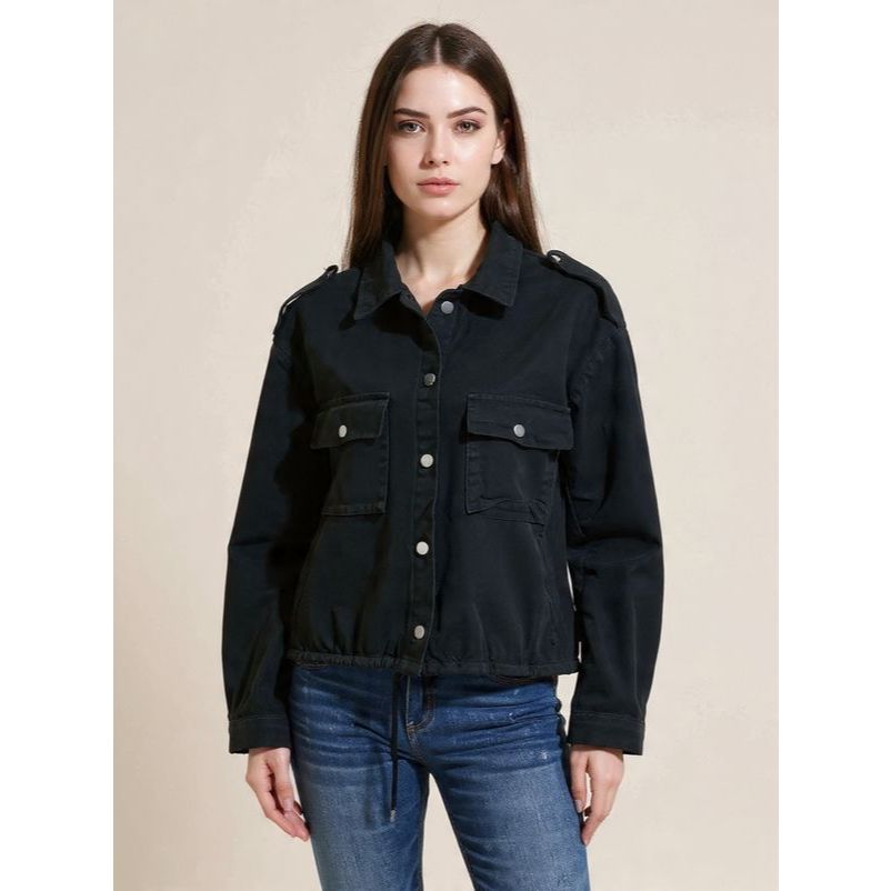 Jaket crop denim bawah tali serut