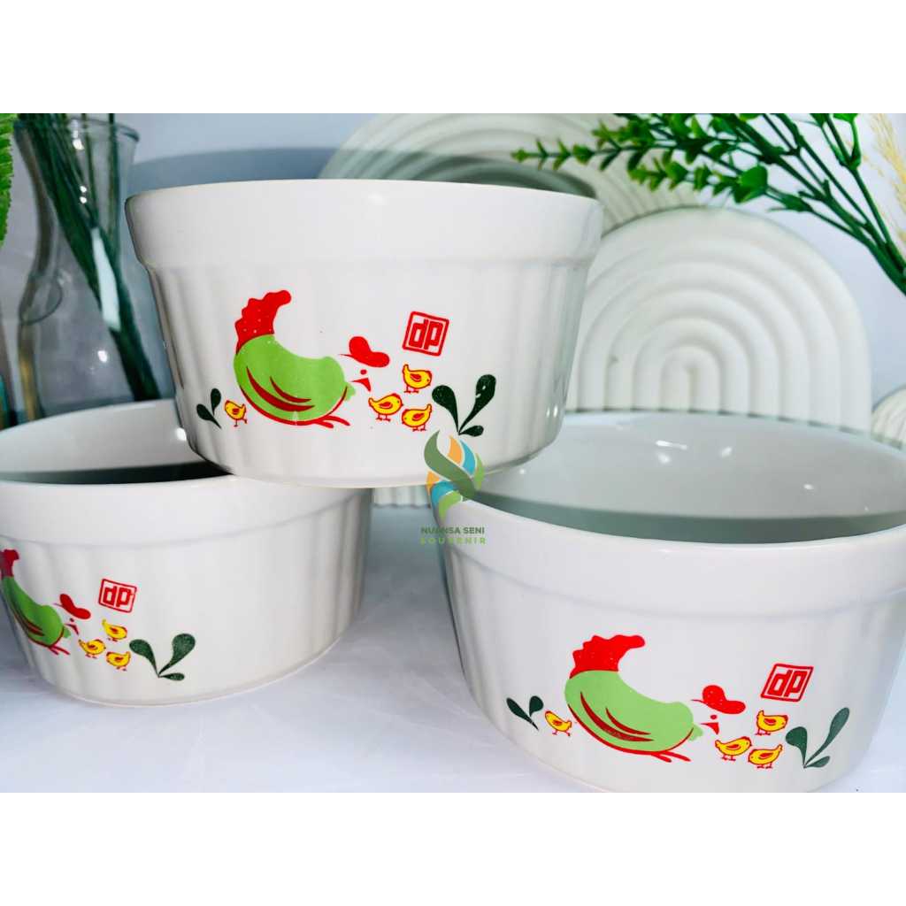 Souvenir Mangkok Makan Keramik Ulir Motif Ayam Jago Bowl Saji Sop Porselen Mangkuk Ayam Jumbo