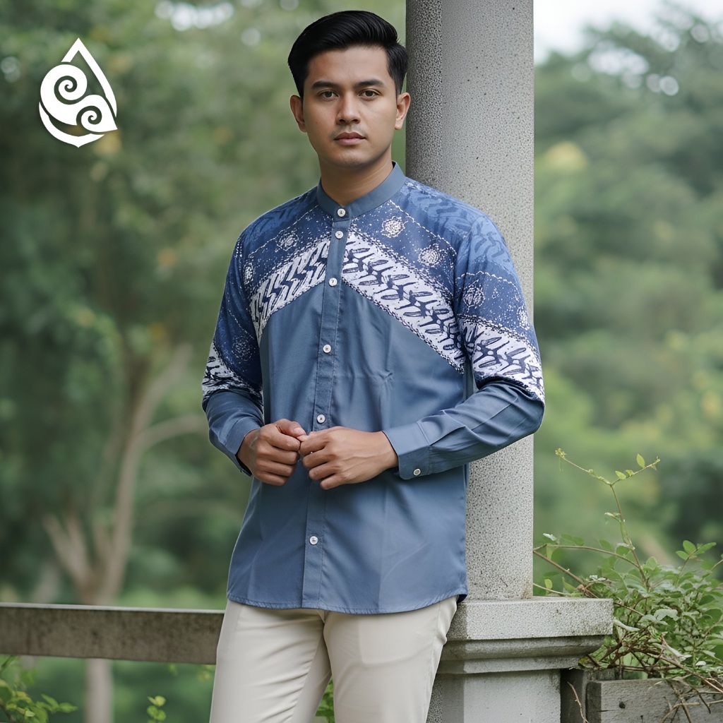 MAHADWIPA II Kemeja Koko Batik Pria Lengan Panjang Slimfit Katun Toyobo Import Warna Denim Motif Par