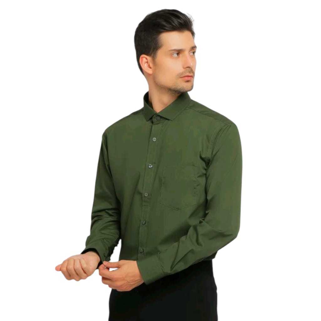Kemeja Polos Pria SlimFit Lengan Panjang - Hijau Army