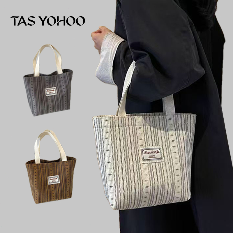 Tas Tangan Portabel Kerja Tas Kanvas Jinjing Tote Wanita Bergaris Tas Tangan Jinjing  Tas tangan wan