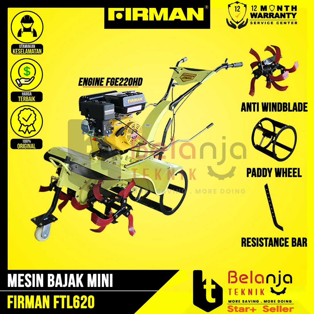 Mesin Bajak Mini FIRMAN FTL620 ENGINE FGE 220HD Sawah Basah Kering Cultivator DOUBLE GARDAN FTL 620