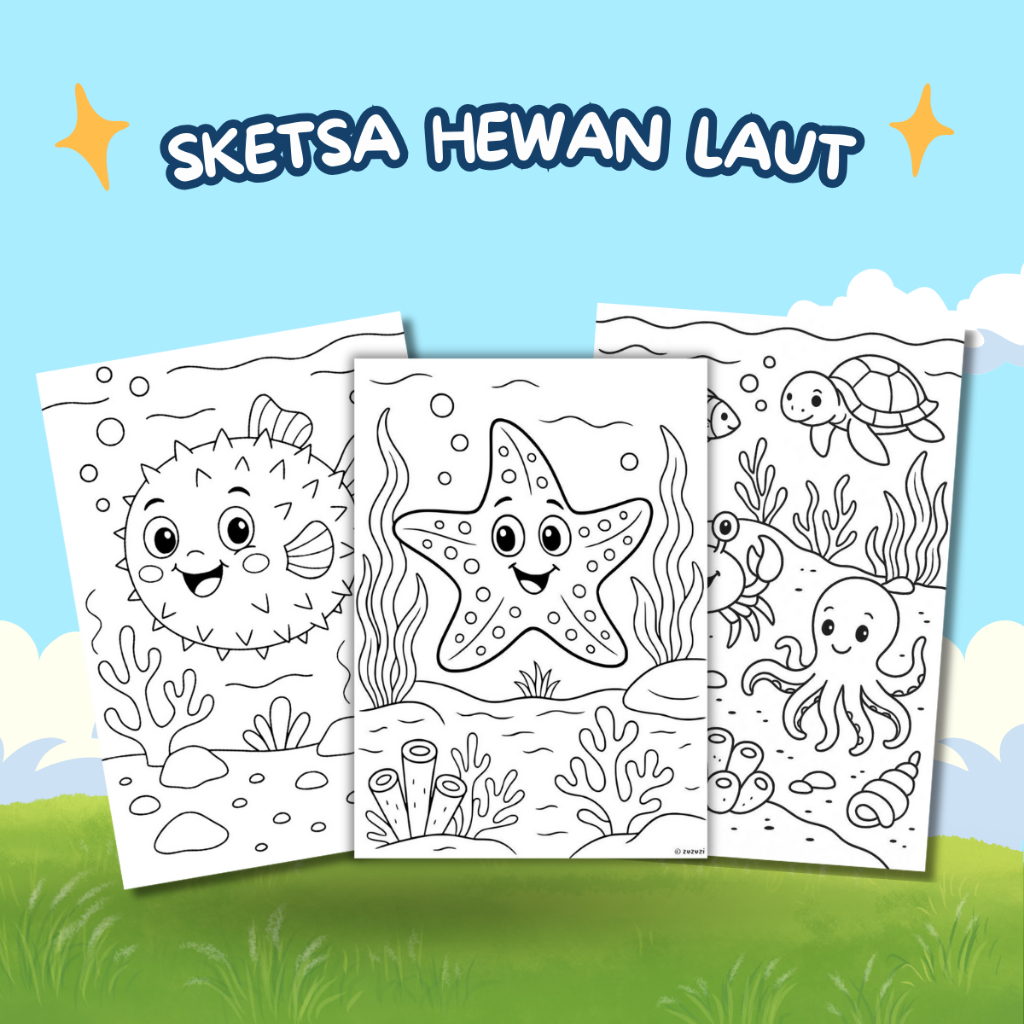 Sketsa Gambar Mewarnai Untuk Anak TK dan Paud Tema Hewan Laut (Random)