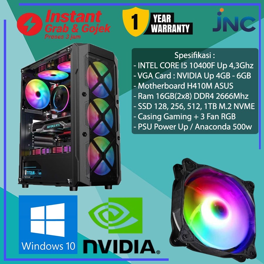 Komputer Rakitan Gaming Intel Core i5 10400F + VGA GT 740, GTX 750TI, GTX 1050, GTX 1660, RTX 2060