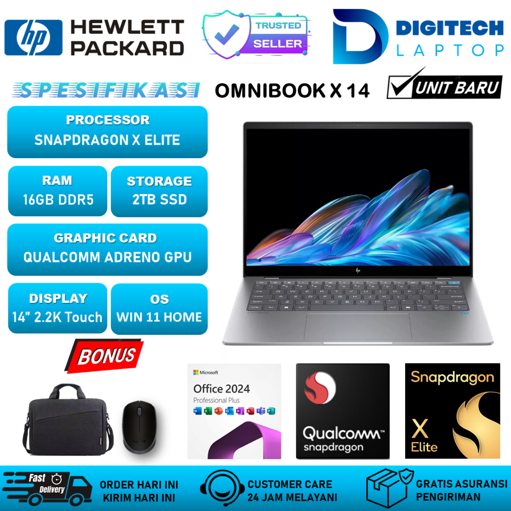Laptop HP Omnibook X14 Snapdragon X Elite X1E-78-100 16GB 2TB 14" 2.2K IPS Touchscreen Windows 11