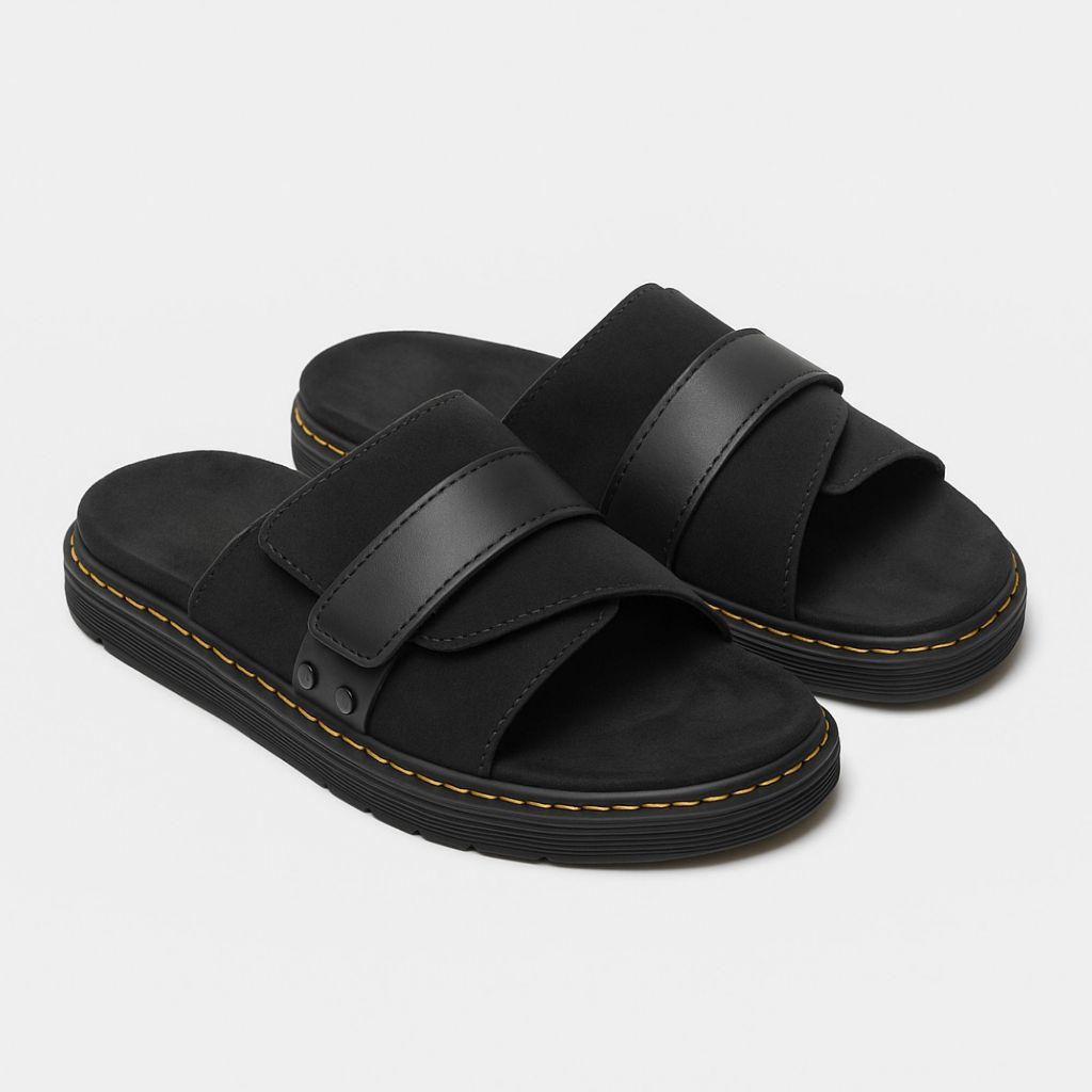 Navara Footwear - Sandal Suede Casual Pria Full Black Sandal Slip Strap | NVR Debonaire 107