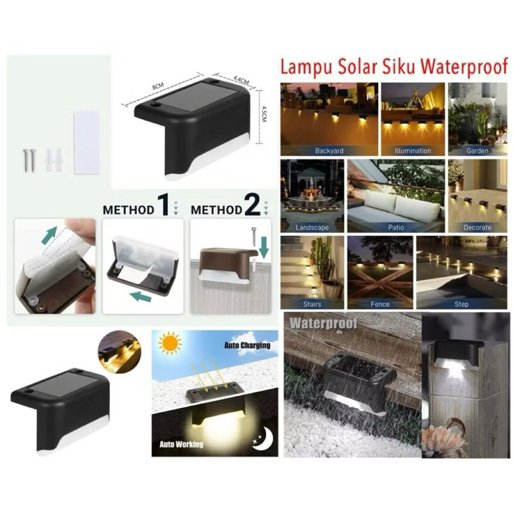 (GROSIRAN) LED Lampu Siku Taman Tenaga Surya Lampu Solar Waterproof Warm White LED Solar Lamp Path Stair Outdoor