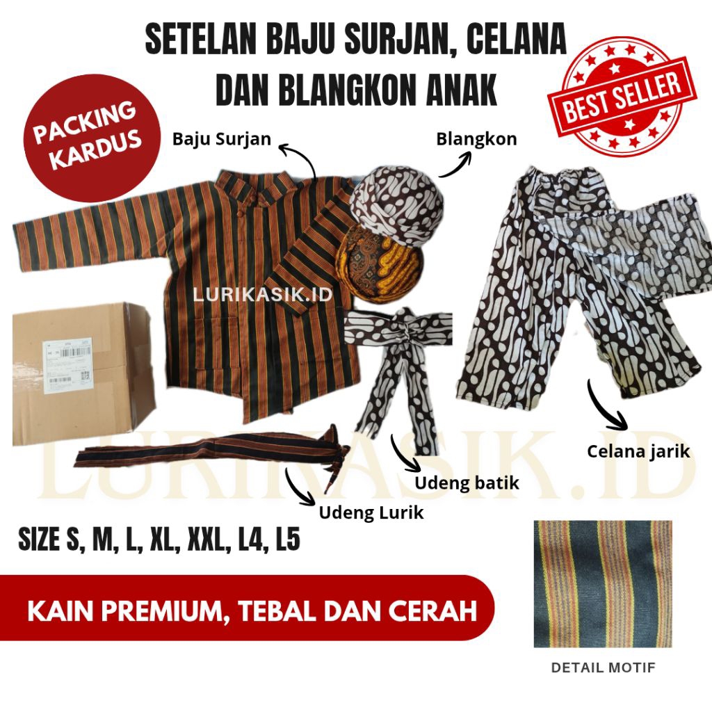 Baju Surjan Lurik Anak Laki-laki, Celana Jarik dan Blangkon /Udeng | Baju Lurik Adat Anak Laki-laki 
