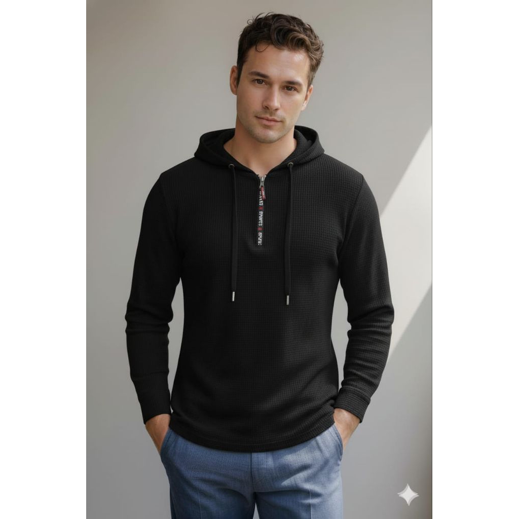 Hoodie Panjang Resleting Waffle Distro Dewasa Pria Lembut Nyaman Hitam Topi Keren Sweater