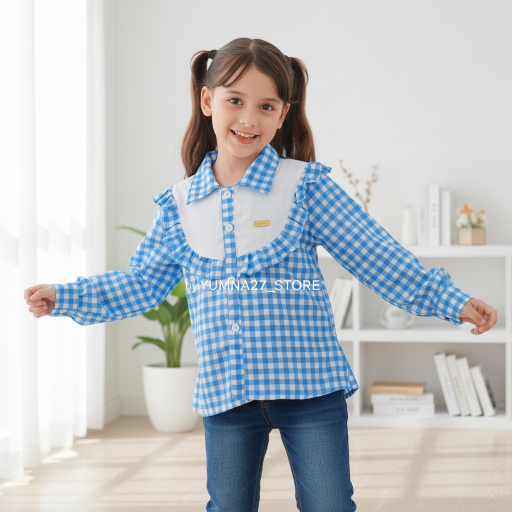 Baju Atasan Anak Perempuan Motif Kotak-Kotak Katun Polymicro Usia 3-12 Tahun