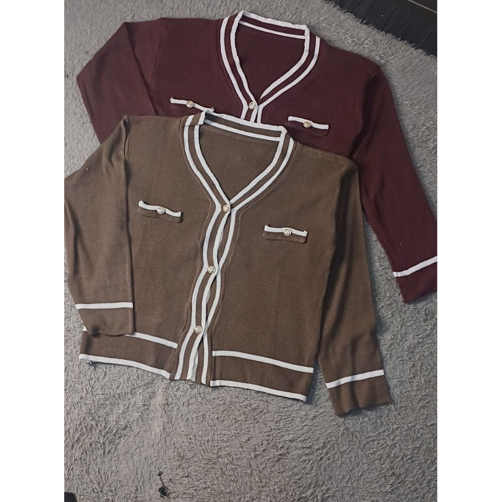 Cardigan Rajut V-Neck Stripe All Size Premium Look Classy ala Chanel Siap Kirim