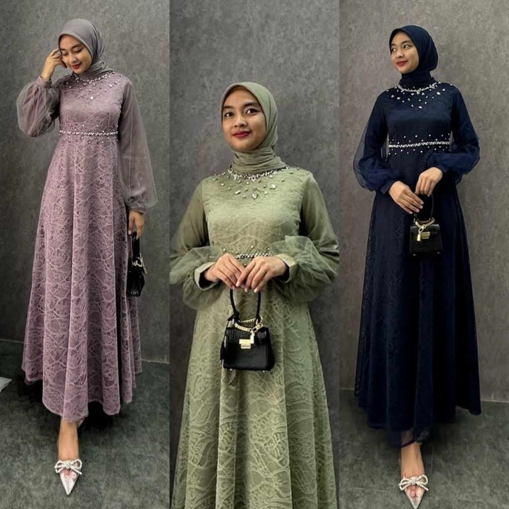 BUTIK BUDEWI - NADINE DRESS BROKAT KOMBINASI / FASHION MUSLIM WANITA / GAMIS NADINE / BISA COD / ADA