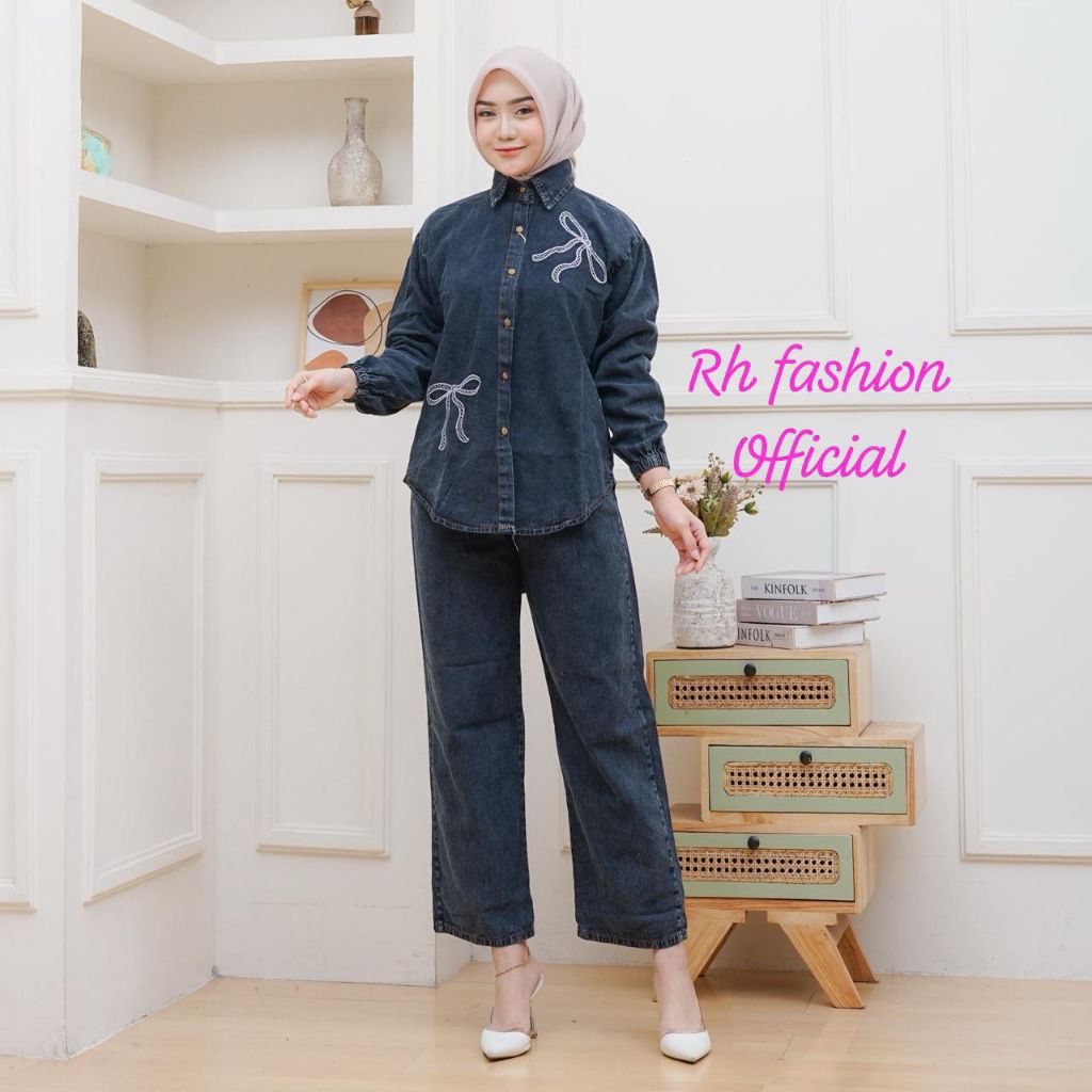 SETELAN JEANS VARIASI BORDIL PITA ONE SET JEANS PREMIUMNYA QUALITY DENIM WASH SETELAN BLOUSE DAN CEL