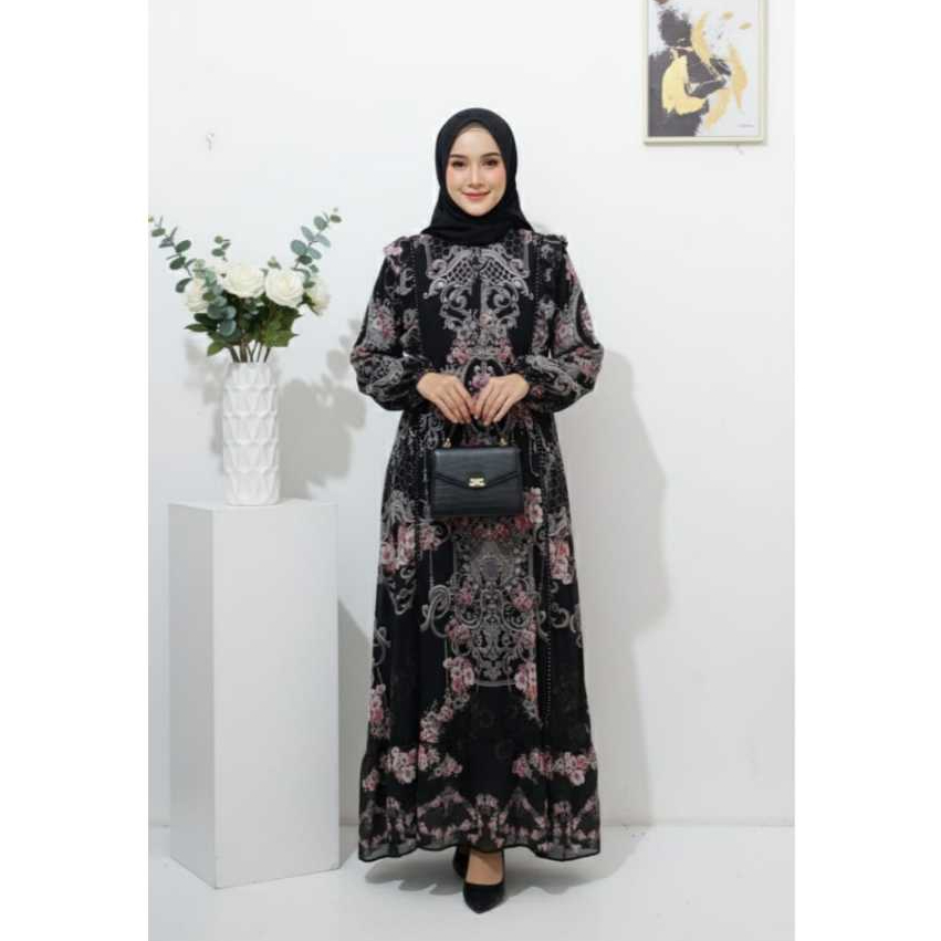 Gamis Hitam Adem Ceruti Motif Busui Nyaman Dress Wanita Ceruty Printing Motif Kembang Elegan Terbaru