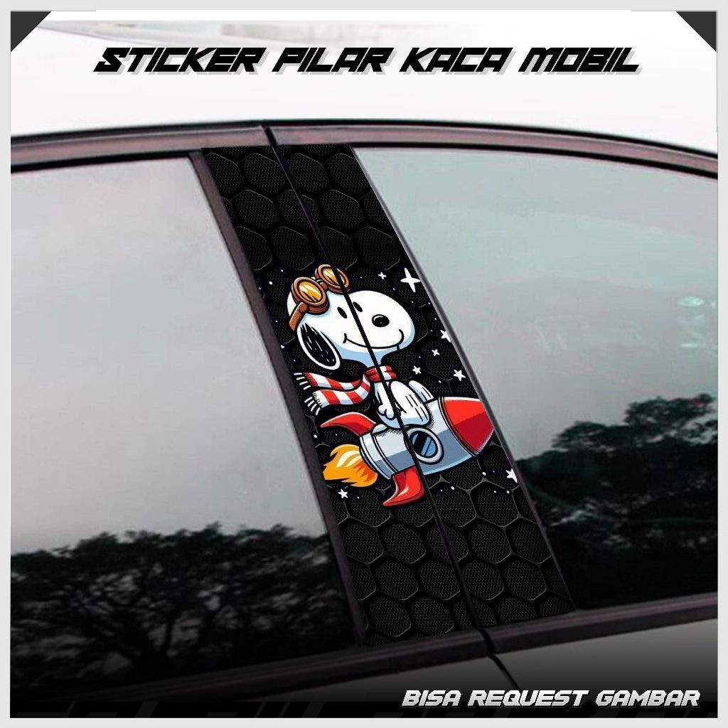 BISA REQ GAMBAR/FOTO - Sticker Pilar Pintu Kaca Mobil Universal Edisi Kartun Snoopy