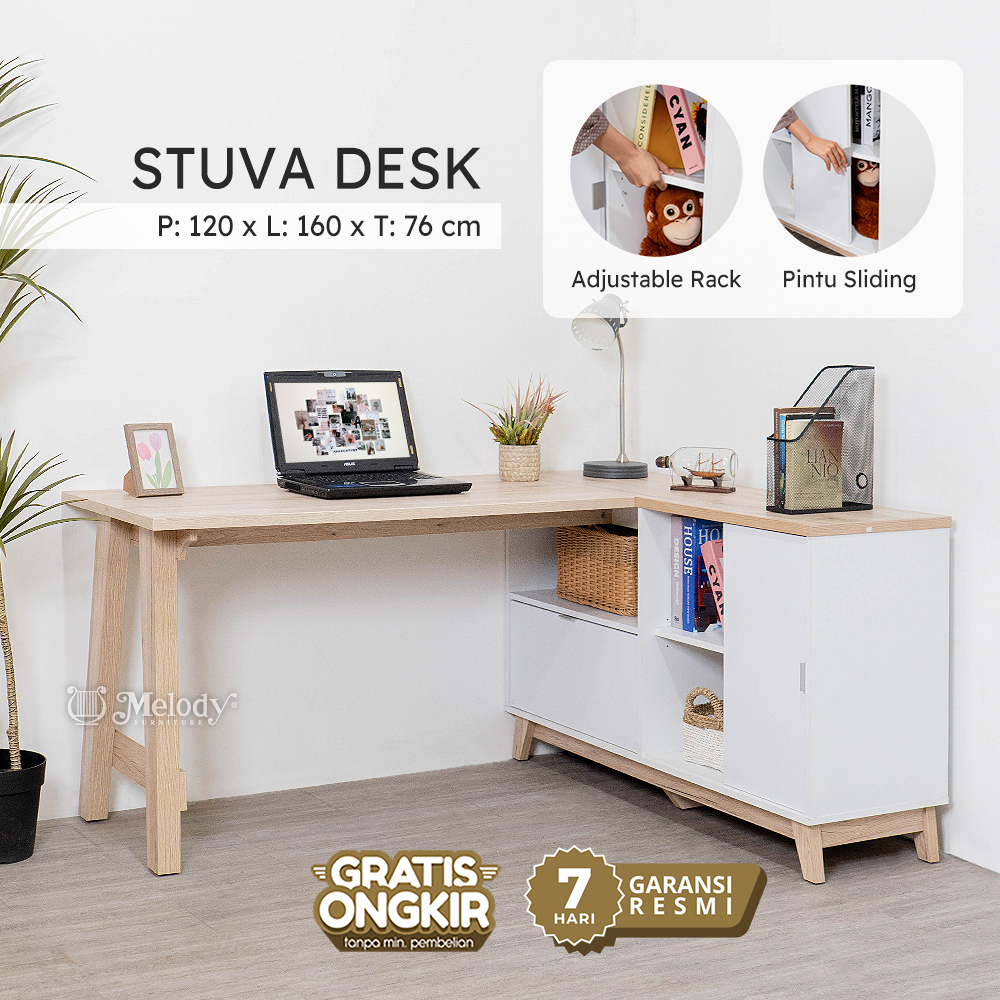 Melody Furniture - Meja Sudut Tipe L Meja Kerja Komputer Belajar Minimalis Modern Stuva Desk WG