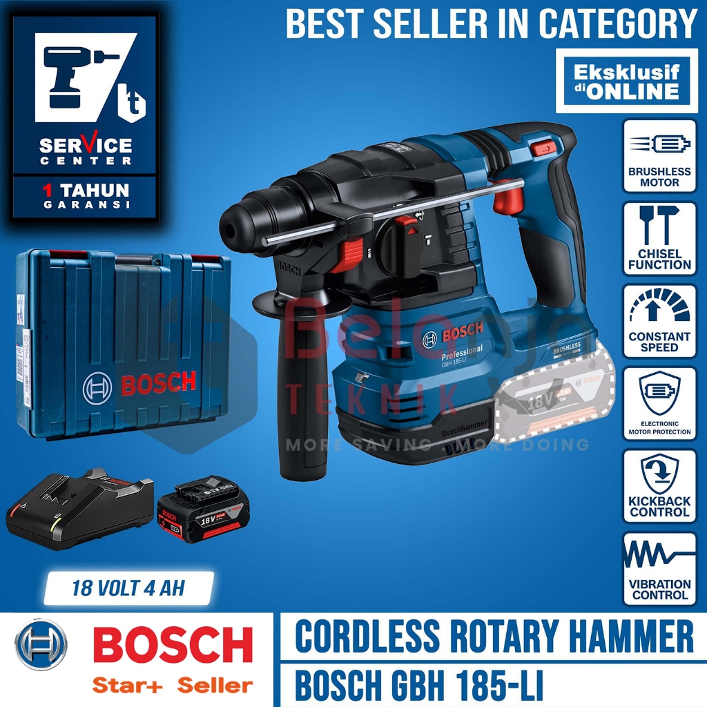 Bosch Rotary Hammer Cordless GBH 185-Li Bor Beton Charger Baterai 4 AH