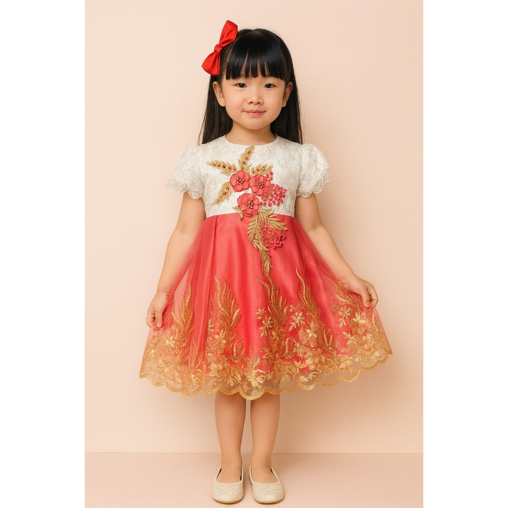 7670 Gaun Premium Pesta Anak Perempuan Tile Bordir Bunga Elegan