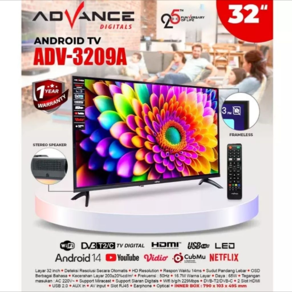 LED TV ADVANCE DIGITALS ADV-3209A ANDROID TV UKURAN 32 INCH