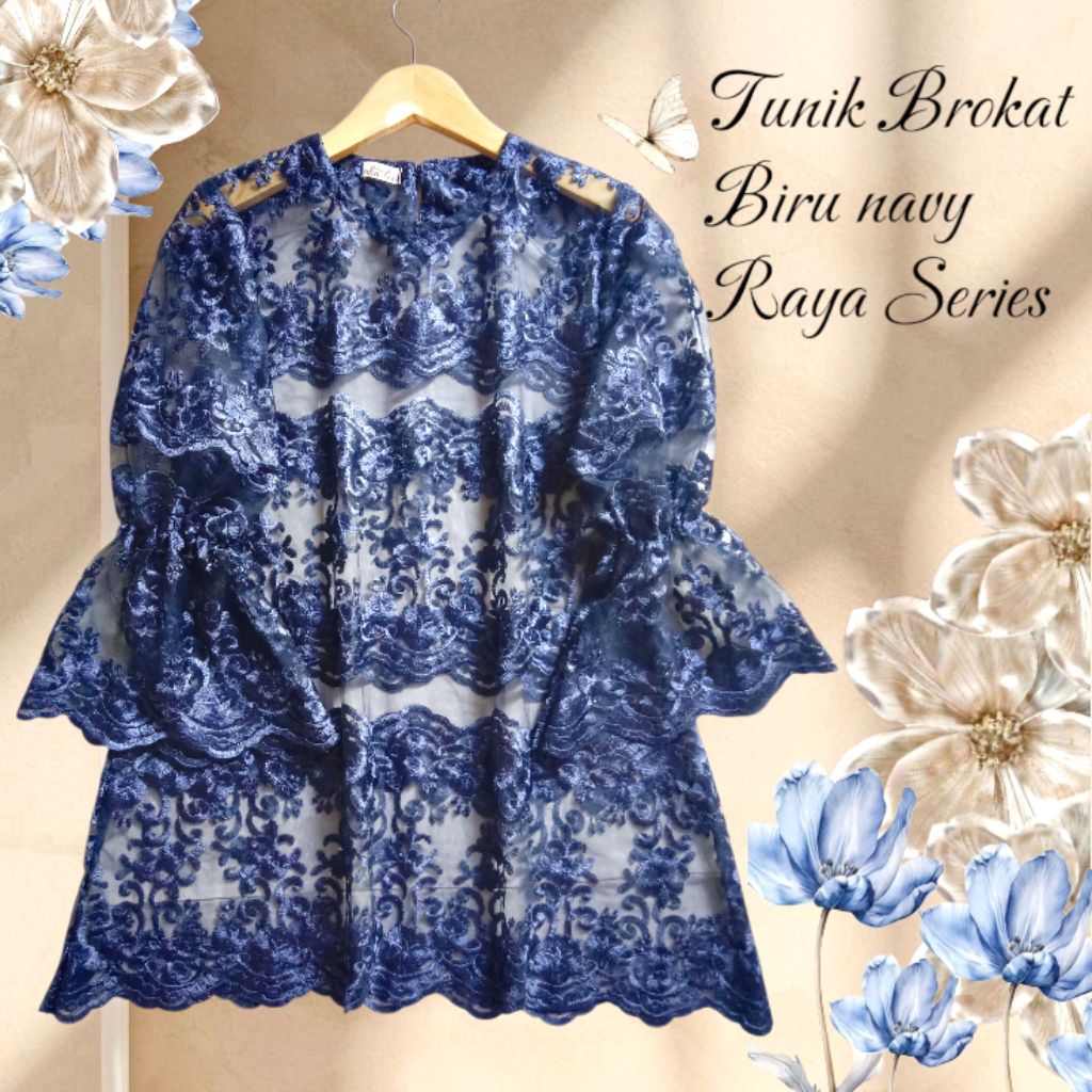 Tunik Brokat Bordir Bunga Mewah Navy | Kebaya Wanita Brokat Modern untuk Kondangan & Wisuda