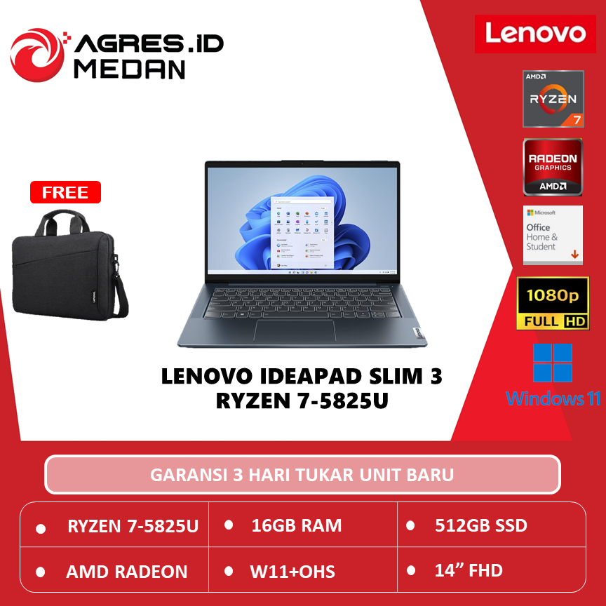 LENOVO IDEAPAD SLIM 3 RYZEN 7 5825U 16GB 512SSD W11+OHS 14FHD