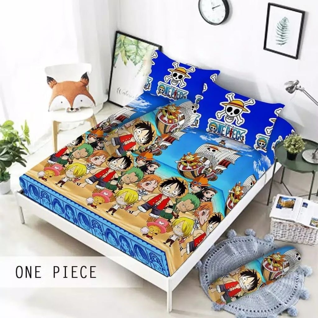 SPREI KARET KATUN PREMIUM 90/100/120/140/160/180/200 Motif one piece biru blue anime anak kartun