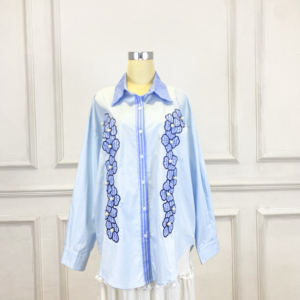 Blouse Jumbo Wanita Bordir Lengan Panjang – Kemeja Katun Import Bangkok Busui Friendly CLEOSA