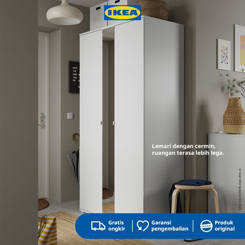 IKEA VIHALS Lemari Pakaian 2 Pintu Dengan Cermin Putih 105x57x200 cm