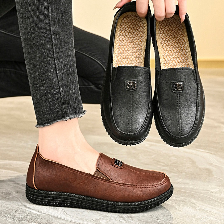 QINGSHUI Sepatu Flat Wanita Sepatu Kulit Wanita Flatshoes Karet