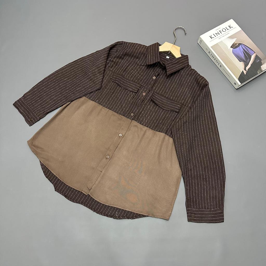 Luna Blouse Kombinasi - Kemeja Blouse Salur Mix Rayon Twill Premium - Atasan Wanita