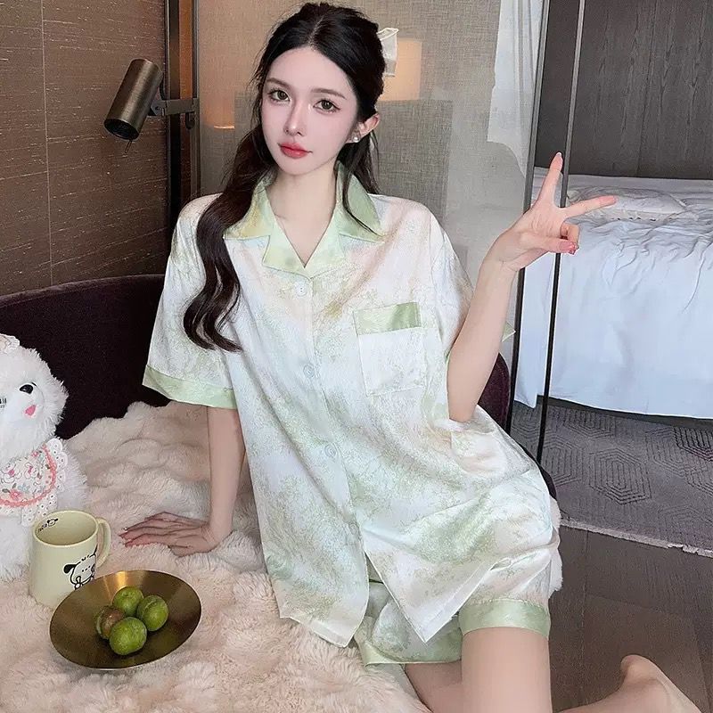 Baju Tidur Piyama Sutra Untuk Wanita/Model Terbaru/Baju Tidur Celana Pendek Lengan Pendek Lengan Pen