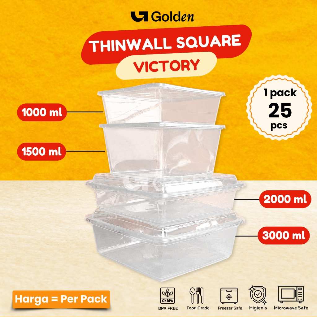 [ISI 25 PCS] Thinwall Merk Victory Persegi Kotak 1000ml 1500ml 2000ml 3000ml Plastik Bening Foodsafe