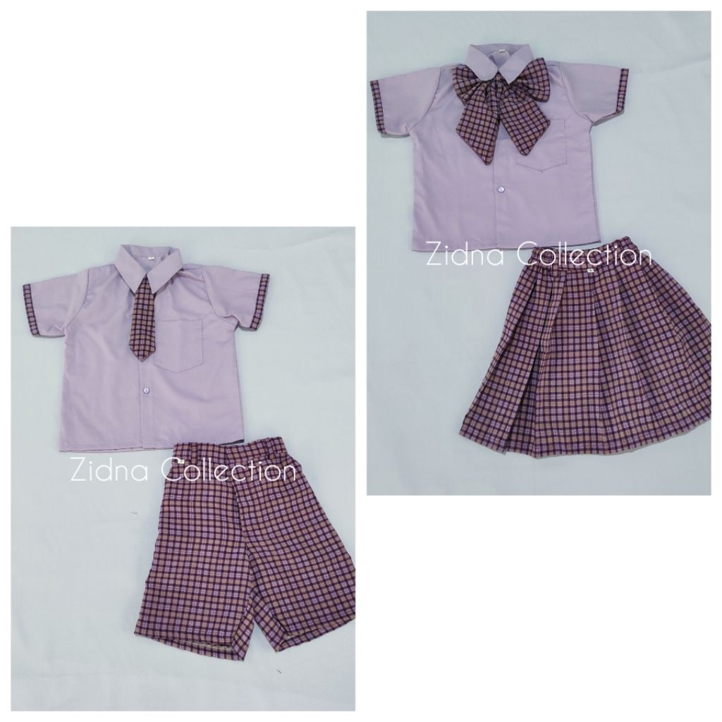 Setelan Kotak - Kotak Ungu Pendek Celana Rok Seragam Sekolah PG TK SD MI