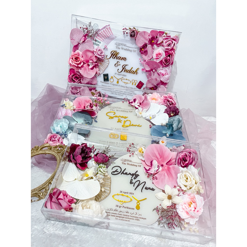 PAKET BUNGA MAHAR TANPA BINGKAI dan PLAKAT MAHAR TANPA BINGKAI MAHAR WEDDING SESERAHAN AKAD LOGAM MU