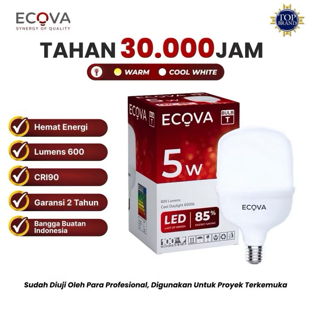 ECOCA BULB T 5W/10W/15W PUTIH - LAMPU LED ECOVA BULB T SNI