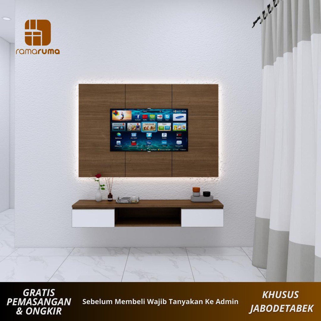 BACKDROP TV DINDING RUANG TAMU - BACKDROP TV MINIMALIS - HPL OMEGA KAYU PLYWOOD