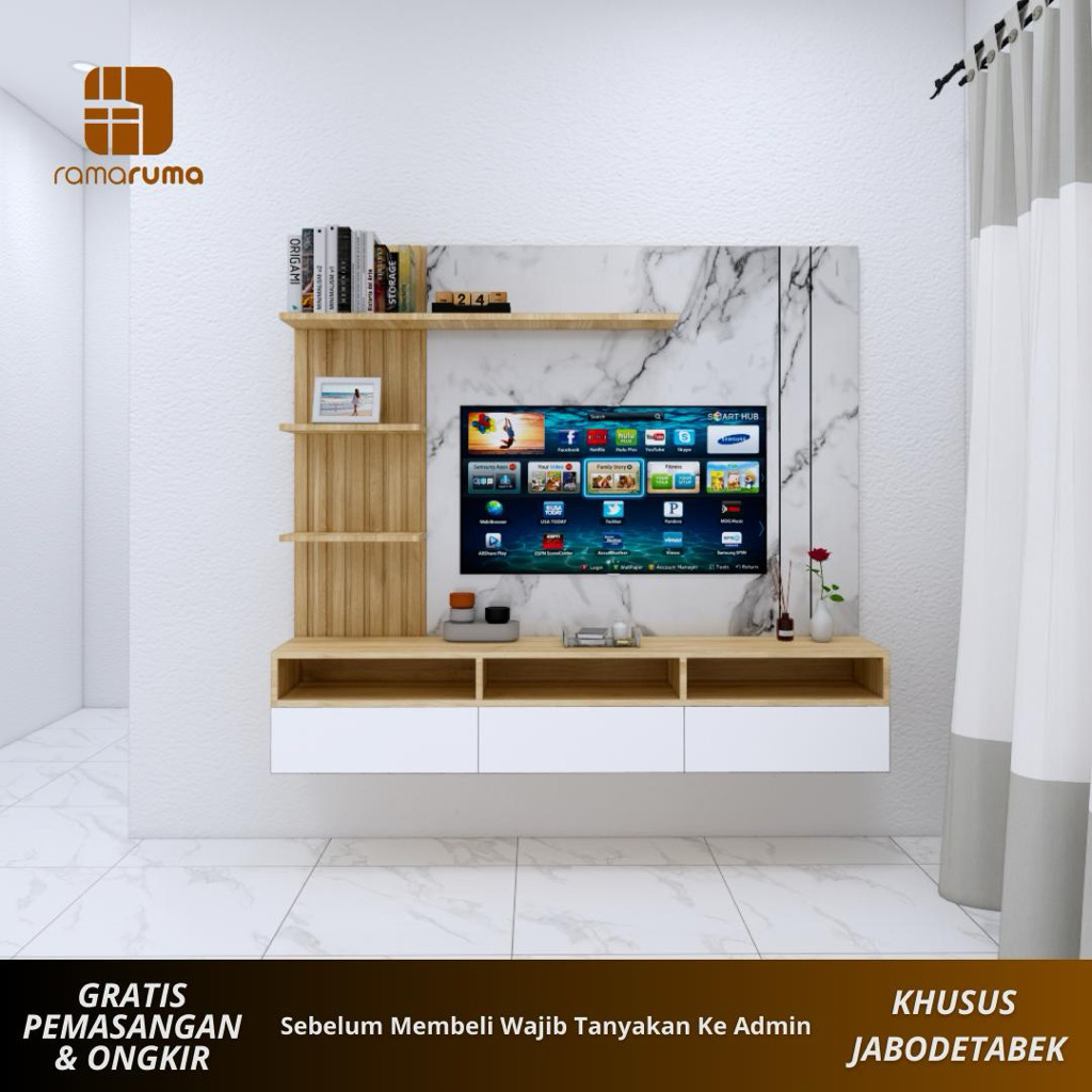 BACKDROP TV DINDING RUANG TAMU - BACKDROP TV MINIMALIS - HPL OMEGA KAYU BLOCKBOARD