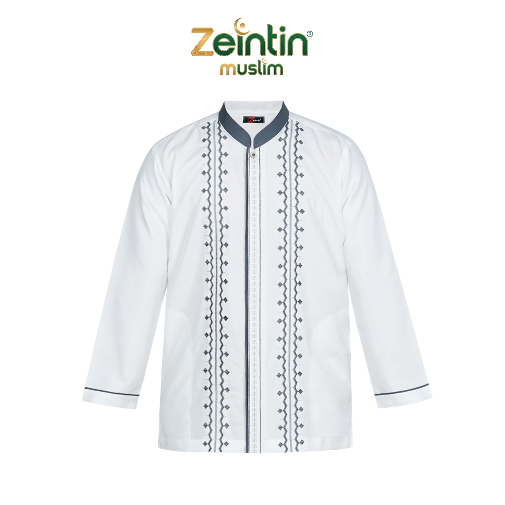 Zeintin - Kemeja Koko Pria Putih Lengan Panjang Motif Bordir Atasan Muslim AT