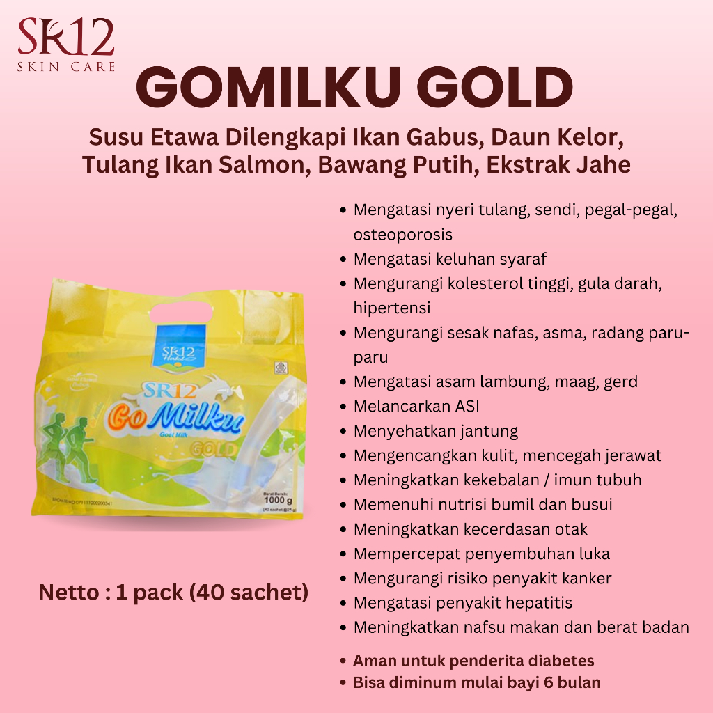 SR12 GoMilku Gold Susu Kambing Etawa Bebas Gula Atasi Nyeri Sendi dan Tulang 1 pack (40 Sachet)